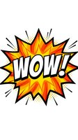 Comic book style WOW explosion burst with vibrant orange yellow flames and radiating lines on white background for pop art designs and retro graphics.