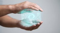 Male hands protecting glowing digital brain with neural network connections representing AI technology, machine learning and cognitive computing innovation.