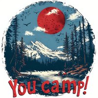 Circular wilderness camping scene with red sun, mountain range, pine forest, and tent by river, styled with distressed vintage effect.