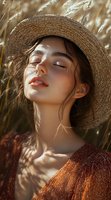 Young Asian woman in straw hat enjoying sunlight with closed eyes among wheat field. Natural golden light creates dreamy atmosphere for lifestyle photography.