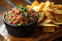 Fresh pico de gallo salsa with diced tomatoes, onions, cilantro, and lime juice served in black bowl with crispy corn tortilla chips on wooden board.