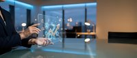 Businessman analyzing holographic financial data charts and graphs on futuristic transparent display in modern office environment for business analytics.