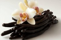 Vanilla pods with orchid flowers on white background. Aromatic spice ingredient for baking, cooking and flavoring. Natural organic product for culinary use.