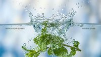 Fresh mint leaves splashing into clear water creating dynamic droplets and bubbles against bright blue sky background for refreshing summer beverage concepts.