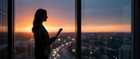 Professional businesswoman silhouette using tablet device by office window during sunset overlooking city skyline for corporate technology concepts.