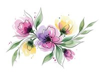 Watercolor floral arrangement with pink and purple blooms, green leaves on white background. Isolated botanical element for wedding invitations, greeting cards.
