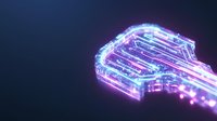 Glowing neon fiber optic cable with purple and blue light trails on dark background, suitable for technology and connectivity concepts.