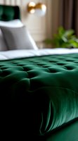 Luxurious emerald green velvet tufted bed with white pillows and gold wall sconce in modern bedroom interior. Soft focus close-up shows rich textile texture.