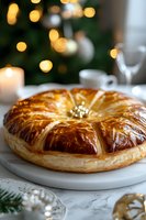 Golden-brown galette des rois with flaky puff pastry layers on white plate against festive bokeh lights and Christmas decorations, traditional French epiphany cake.