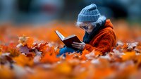 Young woman in warm winter clothing lying on ground reading book among vibrant orange autumn leaves, creating cozy fall atmosphere for lifestyle and seasonal concepts.