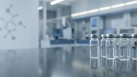 Glass vials in sterile pharmaceutical laboratory with modern equipment and clean room environment for medical research and drug development.
