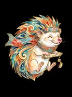 Decorative hedgehog with ornate patterned quills in gold, teal, and red tones, isolated on transparent background. Ready for t-shirts, stickers, clipart, sublimation, and print-on-demand designs.