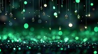 Magical emerald green bokeh background with hanging geometric crystal decorations and glowing orbs creates dreamy festive atmosphere for holiday designs.