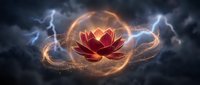 Mystical red lotus flower surrounded by glowing energy sphere with lightning bolts in dark stormy sky for spiritual meditation and fantasy concepts.