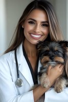 Hispanic female veterinarian in white coat holding small Yorkshire terrier puppy, displaying professional warmth with bright smile. Medical setting with soft background lighting.
