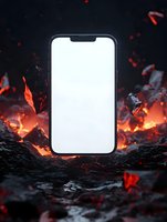 Modern smartphone with blank white screen against dramatic volcanic background with glowing embers and burning coals. Perfect for app mockup display.
