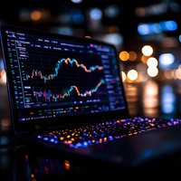 Stock market data displayed on laptop screen with illuminated keyboard against blurred city lights background, showing trading charts and financial analysis.