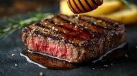 Grilled medium rare beef steak with honey drizzle, fresh rosemary and black pepper on dark stone background. Golden sauce dripping creates appetizing glisten.
