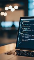 Laptop displaying programming code on screen in modern office environment with bokeh lights background for software development and technology projects.