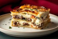 Classic meat lasagna with layers of pasta, ground beef, creamy bechamel sauce and melted cheese garnished with fresh herbs served on white plate against dark background.