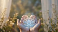 Hands holding glowing geometric mandala symbol in nature setting with soft bokeh background for spiritual wellness and meditation concepts.