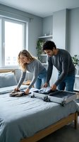 Young couple packing luggage on bed in modern bedroom with gray walls and potted plants, preparing for travel or relocation.