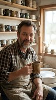 Mature Caucasian male potter with beard smiling in ceramic workshop holding handmade mug surrounded by pottery on wooden shelves for artisan craft business.
