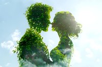 Double exposure silhouette of romantic couple merged with green leaves and bright sky, perfect for themes of nature connection, environmental love story and eco-friendly lifestyle.