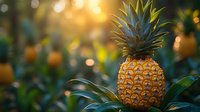 Fresh ripe pineapple in garden with natural sunlight bokeh effect and green leaves. Golden hour tropical fruit photography with soft focus background.