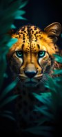 Close-up portrait of a cheetah with intense turquoise eyes against dark tropical foliage background, dramatic lighting highlights spotted fur pattern and facial features.