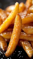 Golden crispy french fries with sea salt crystals close-up macro shot for restaurant menu design and fast food advertising campaigns.