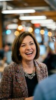 Middle-aged woman with dark hair, Caucasian ethnicity, wearing professional tweed blazer and statement necklace, smiling in modern office environment with warm lighting.