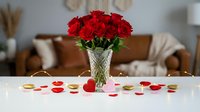 Red roses bouquet in crystal vase on white table with scattered heart petals for romantic Valentine's Day celebration in cozy living room interior.
