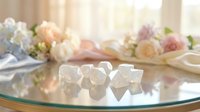 Clear glass votive candle holders arranged on reflective surface with soft-focused floral arrangements and natural window light in background for home decor.