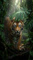 Majestic tiger with piercing blue eyes walking through dense tropical rainforest jungle with lush green foliage and dappled sunlight filtering through canopy.
