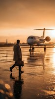 Business executive walking toward private jet at sunset on wet tarmac with golden sky reflections for luxury travel and corporate aviation concepts.