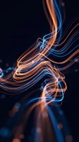 Abstract flowing light trails in warm orange and cool blue tones swirl dynamically against a dark background, creating an energetic motion effect suitable for modern design projects.