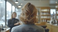 Blonde woman with wavy bob haircut viewed from behind in modern hair salon with stylist working in background. Trendy hairstyle concept.