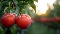 Fresh ripe red apples hanging on tree branch with green leaves in orchard during sunset. Natural organic fruit growing in garden with soft bokeh.