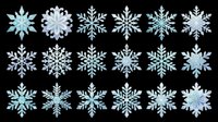 Snowflake collection featuring eighteen intricate frozen crystal designs in shades of blue and white, isolated on transparent background. Ready for winter crafts, sublimation, t-shirt designs, stickers, and print-on-demand projects.