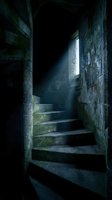 Dark medieval stone staircase with dramatic light beam streaming through window in ancient castle dungeon creating atmospheric mood for horror mystery themes.