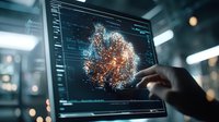 Futuristic visualization of neural network on digital screen with hand pointing at glowing data nodes and connections in dark office environment.