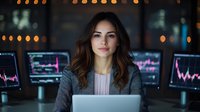 Young businesswoman in gray suit working late with financial data on multiple screens, analyzing stock market trends in dark office with ambient lighting.