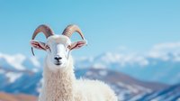 White dall sheep ram with large curved horns against snowy mountain peaks and blue sky background, majestic wildlife portrait in natural habitat.