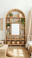 Rattan arch bookshelf in boho nursery with toys, books, plants and natural decor elements creating organized storage solution for children's room.