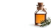 Small glass bottle with cork stopper containing amber liquid, decorated with twine and fresh rosemary sprig against white background, isolated for design use.