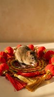 Rat surrounded by red and gold festive ornaments and decorative tassels on neutral background for holiday celebrations.