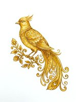 Golden bird with ornate feather details and decorative flourishes perched on an ornamental branch, isolated on white background for design and clipart use.