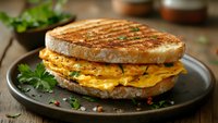 Grilled cheese sandwich with melted cheddar and scrambled egg filling on toasted sourdough bread, garnished with fresh herbs and served on rustic plate.