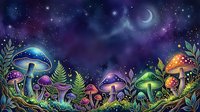 Glowing mushrooms and ferns in a magical forest under starry night sky with crescent moon, fantasy woodland scene for backgrounds and design projects.